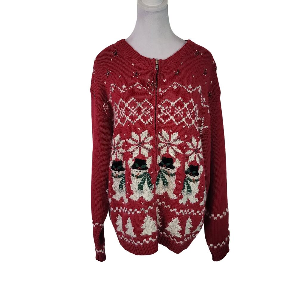 Croft & Barrow Size L Vintage Red Ugly Christmas‎ Full Zip Cardigan Snowmen